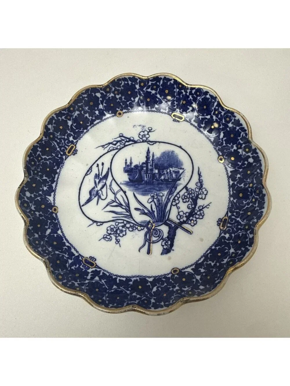 Antique Copeland Dish Blue White  Floral Castle  6.5” Candy Trinket English